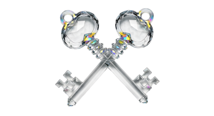 Two Ornate Faceted Crystal Keys Crossed, Symbolizing Authority, Power, and Access, on Transparent Background