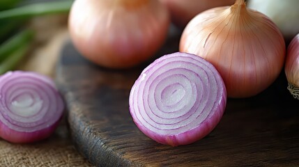 Sliced red onion displaying its layered texture on a wooden board