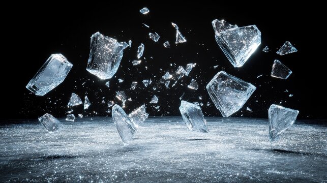 Sharp glittering shards of broken glass like fallen fragments exploding and scattering in the air with a dark background