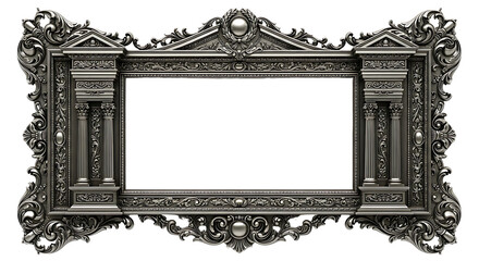 Luxurious Ornate Silver Baroque Frame with Classical Architectural Carvings and Columns Isolated on Transparent Background