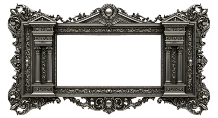 Luxurious Ornate Silver Baroque Frame with Classical Architectural Carvings and Columns Isolated on Transparent Background