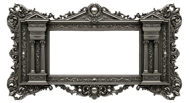 Luxurious Ornate Silver Baroque Frame with Classical Architectural Carvings and Columns Isolated on Transparent Background