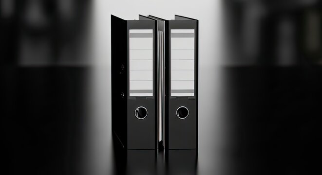 Close-up of two black office binders in dark environment