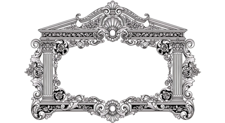 Elegant Ornate Baroque Rococo Frame with Floral Scrollwork and Columns on transparent background