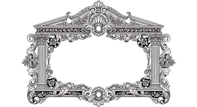 Elegant Ornate Baroque Rococo Frame with Floral Scrollwork and Columns on transparent background - Powered by Adobe