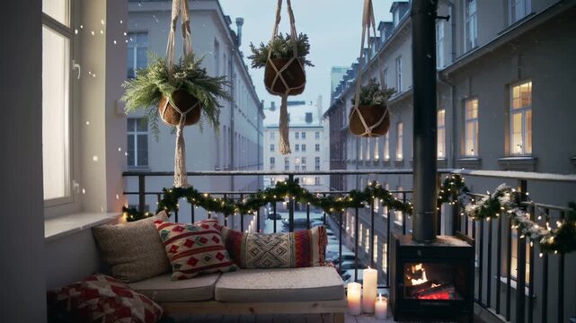 A serene balcony features hanging plants and soft pillows, adorned with string lights. The view shows a calm street as dusk settles in, creating a peaceful atmosphere.