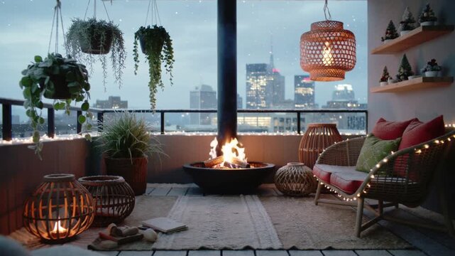 A stylish balcony features a fire pit surrounded by comfortable seating and hanging plants. The city skyline is visible in the background as dusk falls, creating a cozy ambiance.