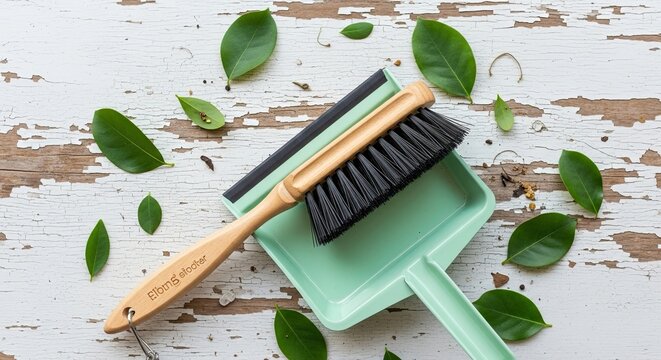 Eco-friendly household cleaning tools, a small brush and dustpan, arranged in a flat lay composition on a weathered white wooden surface with natural green leaves