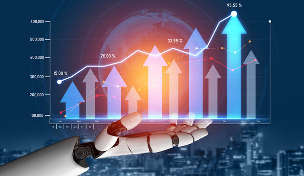 A futuristic robotic hand holds a vivid financial growth chart with dynamic arrow indicators against a global backdrop, showcasing technology role in business progress. Scalp