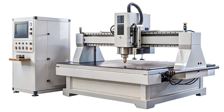 Industrial cnc milling machine with control panel for precision manufacturing and automated production isolated on transparent background