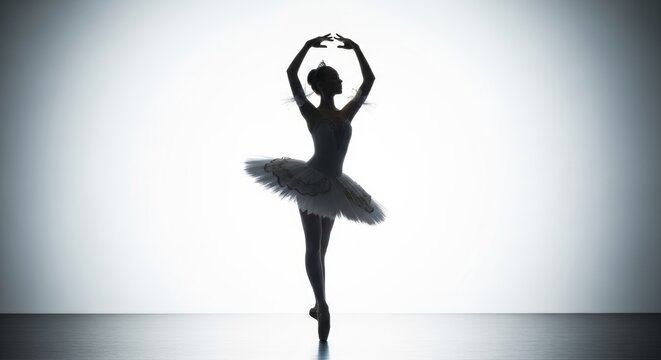 Graceful silhouette of female ballerina in elegant pose on stage