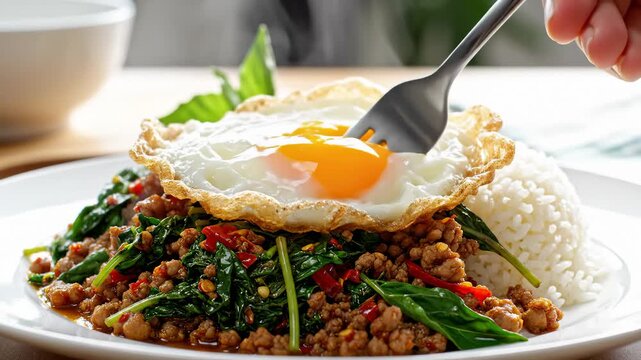 Pad Kra Pao, Stir-Fried Pork With Basil, Rice and Fried Egg Being Eaten With Fork