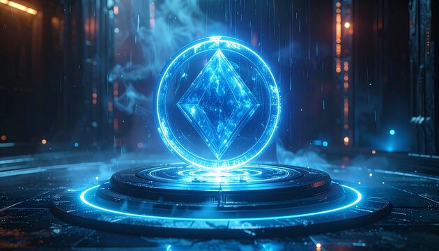 Glowing Medivault Holo-Seal Crystalline Emblem Over a Metallic Pedestal