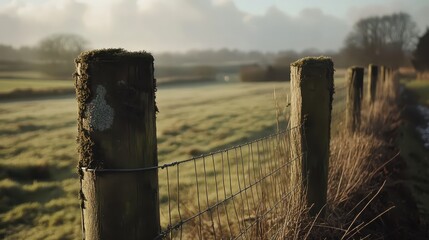 Weathered wooden posts support a wire mesh fence across a misty rural field at sunrise