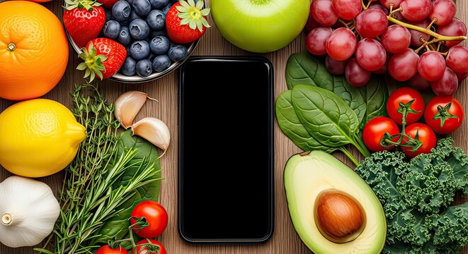 Healthy Foods with Phone Mockup Flat Lay