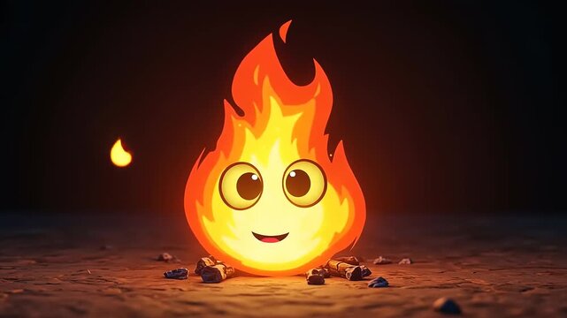 Cute animated fire character with a happy face glowing in the dark.