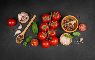 Fresh tomatoes, garlic, basil and colorful spices arranged on dark textured background for cooking and recipe concepts