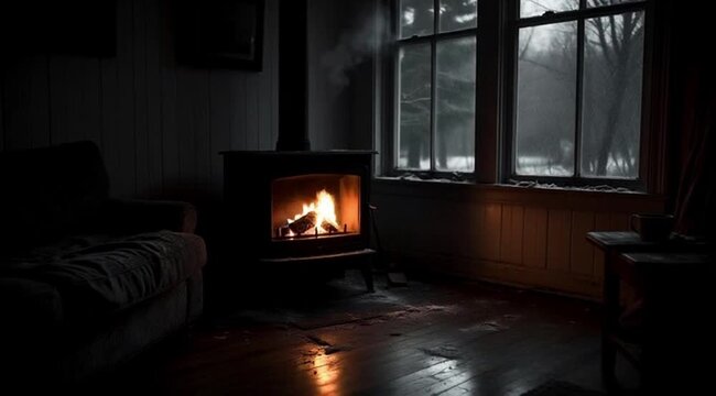 Cozy living room with fireplace and dim lighting during winter  