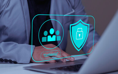 Businessman secures confidential employee data. HR technology for Data Protection, Employee Privacy, and Cybersecurity. Secure Profile for sensitive information.