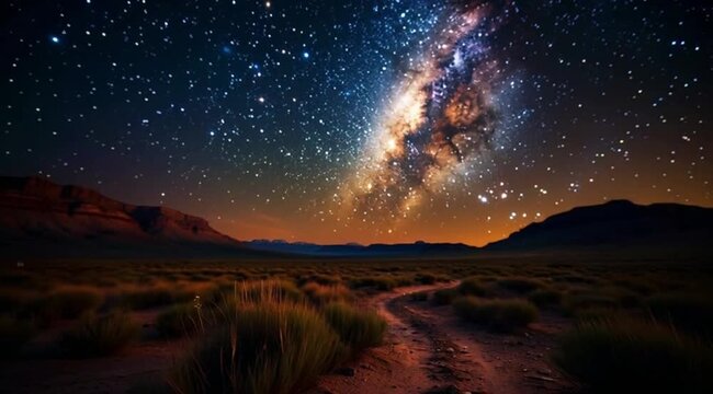 Stunning starry night sky over desert landscape with Milky Way  