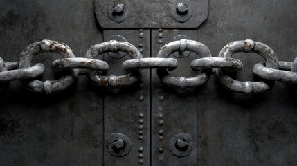 Weathered metal chain resting across a solid riveted steel door