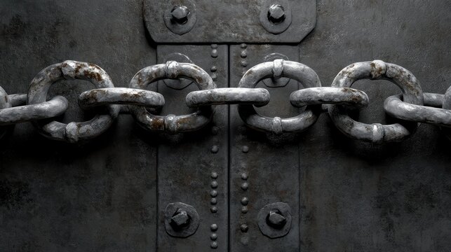 Weathered metal chain resting across a solid riveted steel door - Powered by Adobe