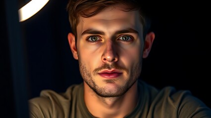 Fototapeta premium A focused male programmer at night with warm desk lamp glow and a simple dark background.