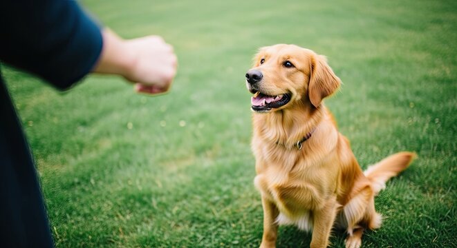A happy and obedient golden retriever dog sits on a green lawn, looking up attentively at its owner's hand during a training session in a park on a sunny day