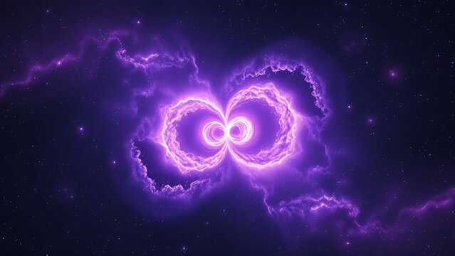 Cosmic supernova remnants form a yin-yang shape with faint purple dark matter voids.