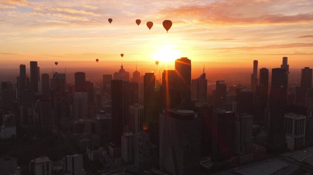 Cinematic Sunrise View of Melbourne City with Hot Air Balloons