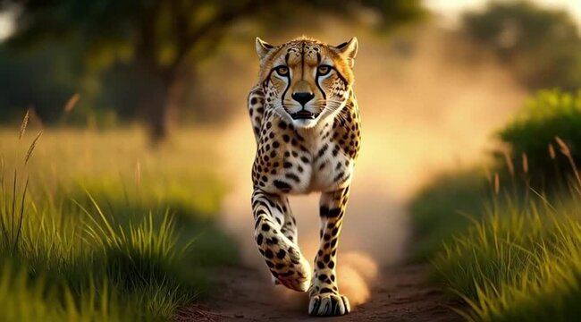 A running cheetah in an arid savannah