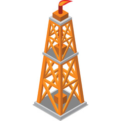 Orange Oil Derrick Tower with Flame at the Top Isolated on White Background Isometric View Industrial Energy Production Resource Extraction Equipment