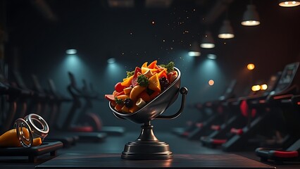 A scale tips violently as colorful junk food overwhelms exercise equipment under dramatic chiaroscuro lighting.