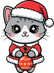 Adorable cartoon cat wearing a Santa outfit and holding a Christmas ornament. Festive and charming illustration suitable for holiday designs, children’s themes, and Christmas greeting cards.