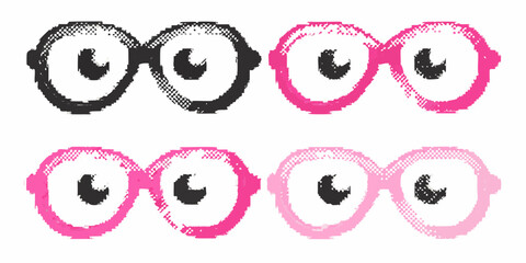 Four pairs of eyeglasses with pixelated effect in black and pink