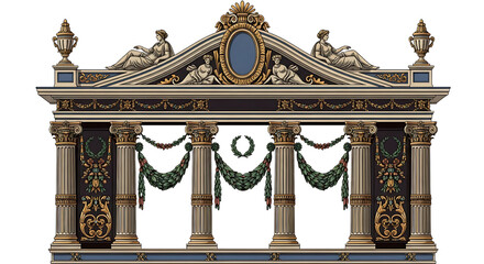 Ornate Classical Architectural Element with Pediment, Columns, and Statues, Isolated on Transparent Background