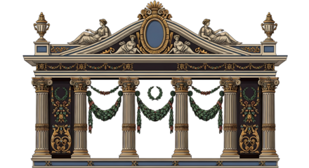 Ornate Classical Architectural Element with Pediment, Columns, and Statues, Isolated on Transparent Background