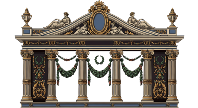 Ornate Classical Architectural Element with Pediment, Columns, and Statues, Isolated on Transparent Background
