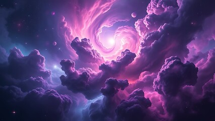 A vast, chaotic nebula cloud in vibrant purples and blues, crackling with energy and birthing new stars.