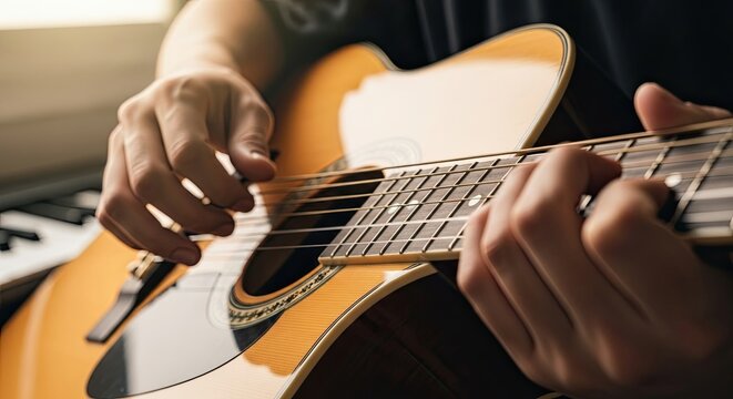 Close-up of a musician's hands playing a melody on the fretboard of a classic acoustic guitar, with soft, warm sunlight creating a calm and creative atmosphere