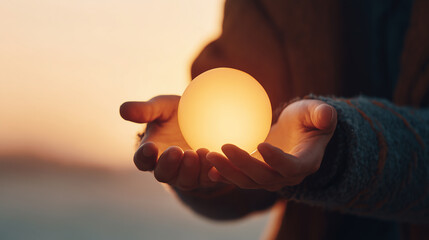 Minimal portrait with glowing heart sphere symbolizing calm and inner peace. Portrait silhouette with warm golden sphere glowing at centre, soft diffused pastel background.