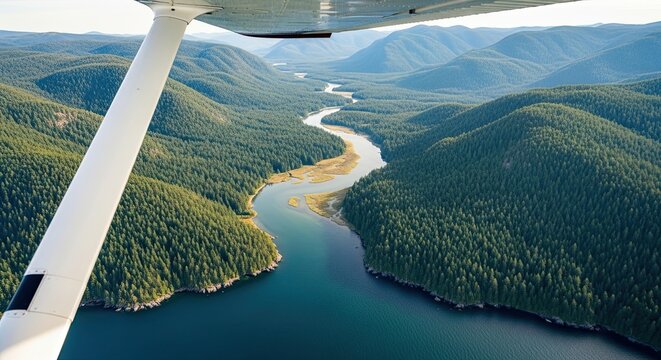 Breathtaking aerial view from a small plane flying over a winding river and vast, pristine evergreen forest covering rolling mountains on a clear, sunny day - Powered by Adobe