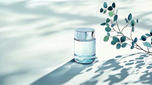 A clear glass bottle containing a light blue liquid sits beside a branch with green leaves, on a white surface with dappled shadows.