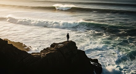 A lone person stands silhouetted on a rocky cliff, watching powerful ocean waves crash against the shore during a dramatic and beautiful golden hour sunset