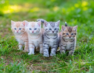 Four adorable multi colored kittens sitting together on green grass.