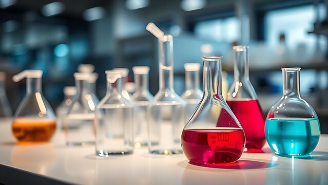 Laboratory glassware arranged on a clean research bench. - Powered by Adobe