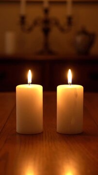 Two White Pillar Candles Burning on a Wooden Table in a Dimly Lit Room