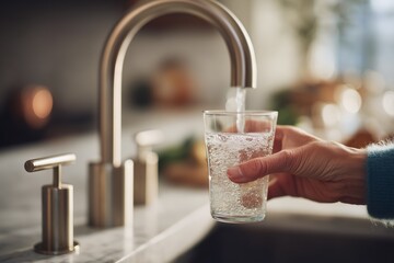 A hand holding a glass under a modern kitchen faucet, filling it with clear, fresh tap water indoors.