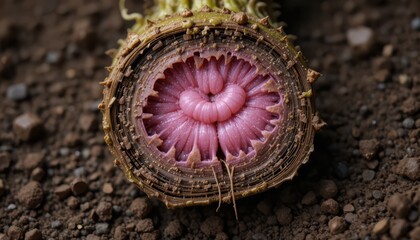 Artichoke heart cross section revealing its intricate pink layers and earthy textures creating a