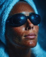 Extreme Close-up of Woman's Sweaty Face Wearing Swimming Goggles and Towel, Wet Skin Texture, Spa and Poolside Hydrotherapy, Blue Light Effect, Intense Detoxification Process
